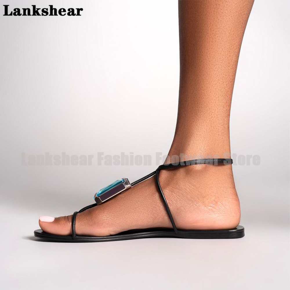 Blue Gemstone T-Strap Flat San - Flip Flop Jeweled avis et prix